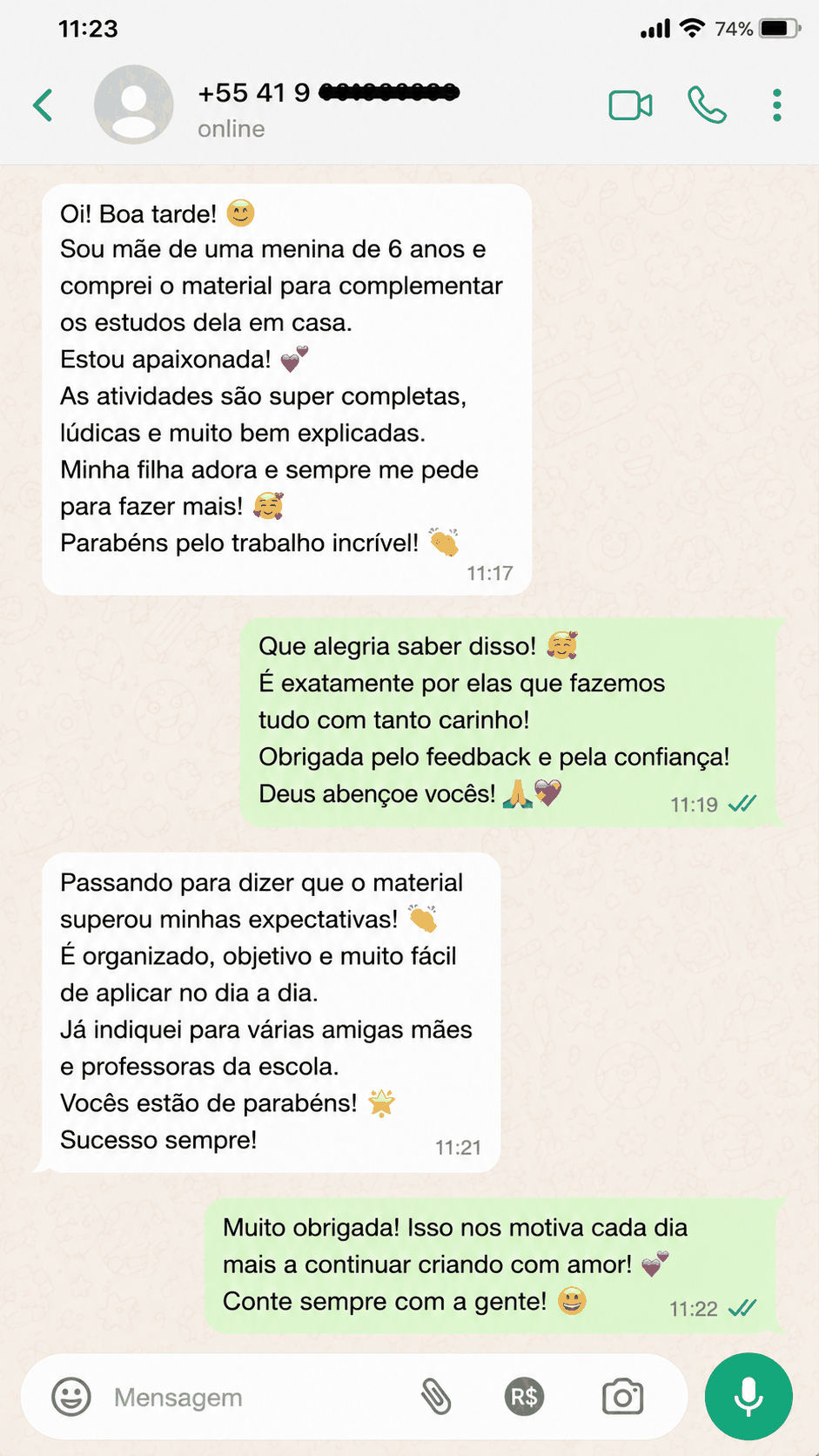 Print de conversa de WhatsApp — mãe de menina de 6 anos