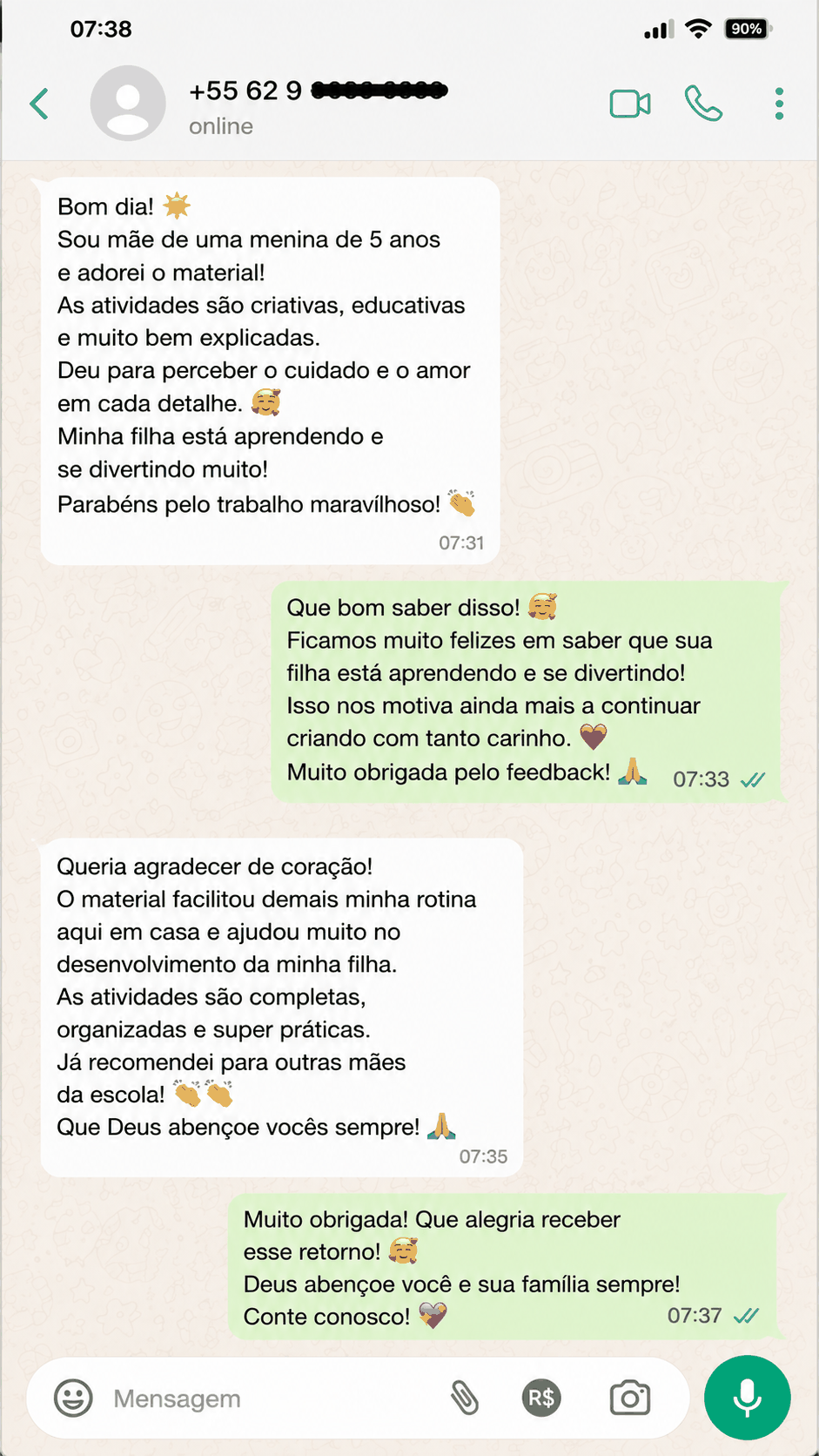 Print de conversa de WhatsApp — mãe de menina de 5 anos