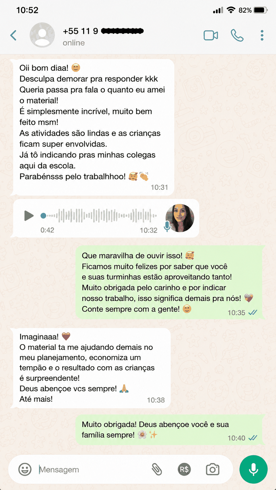 Print de conversa de WhatsApp — educadora